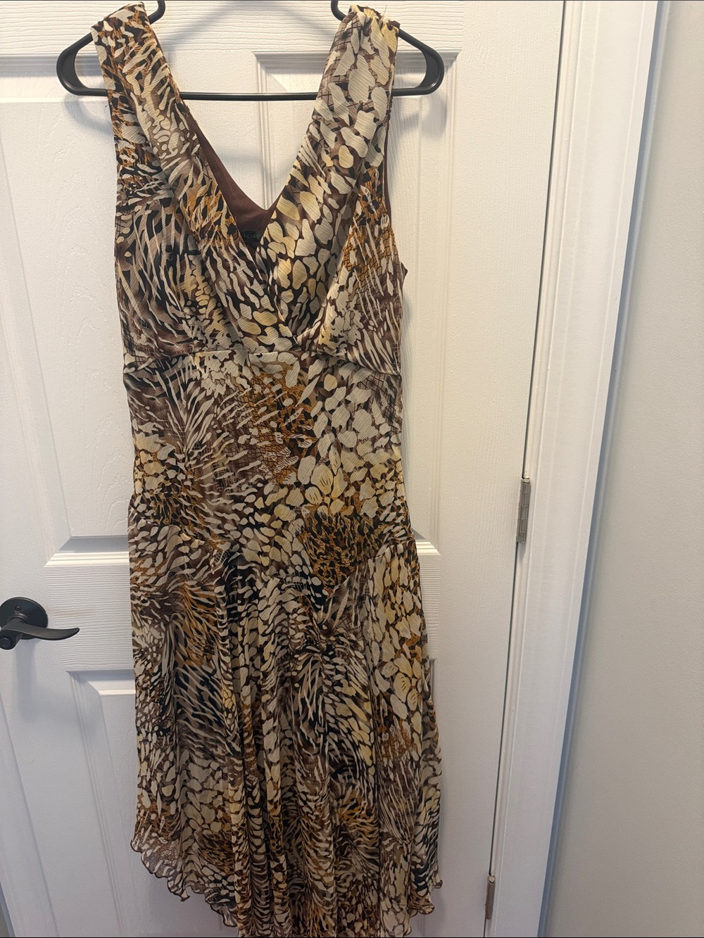Sleeveless Asymmetrical V-Neck Dress in Brown and Cream Animal Print